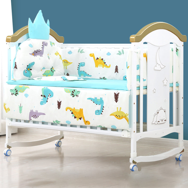 Wooden White Matching Nursery Crib Storage Arched Crib with Wheels