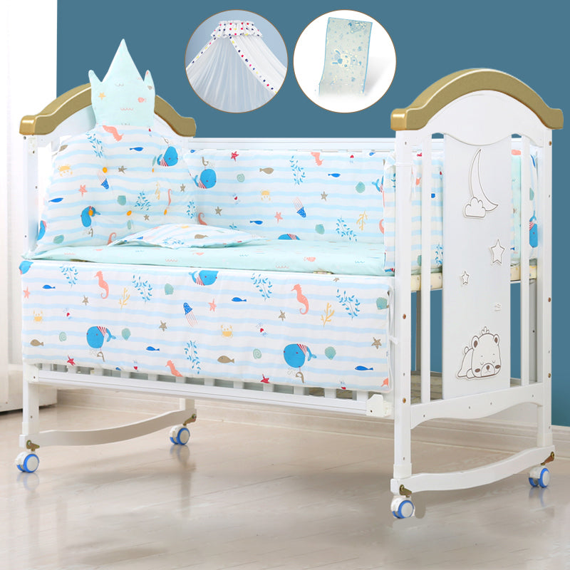 Wooden White Matching Nursery Crib Storage Arched Crib with Wheels