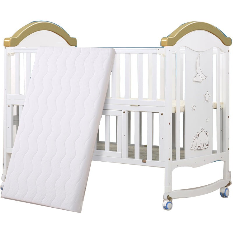 Wooden White Matching Nursery Crib Storage Arched Crib with Wheels