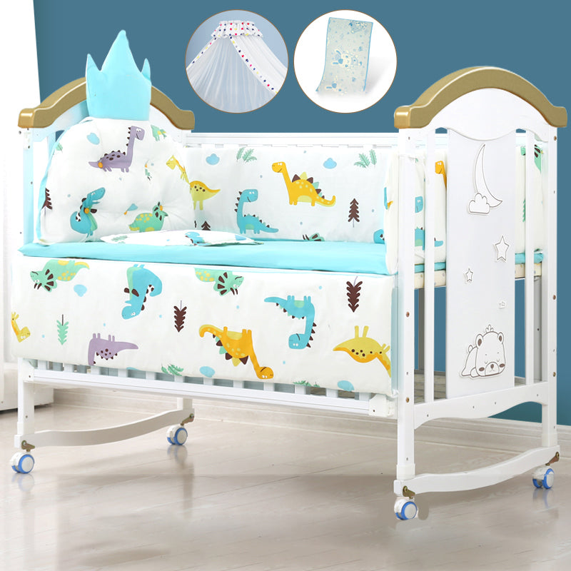 Wooden White Matching Nursery Crib Storage Arched Crib with Wheels