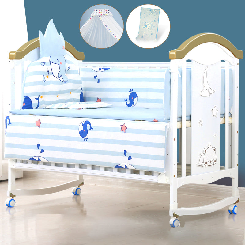 Wooden White Matching Nursery Crib Storage Arched Crib with Wheels