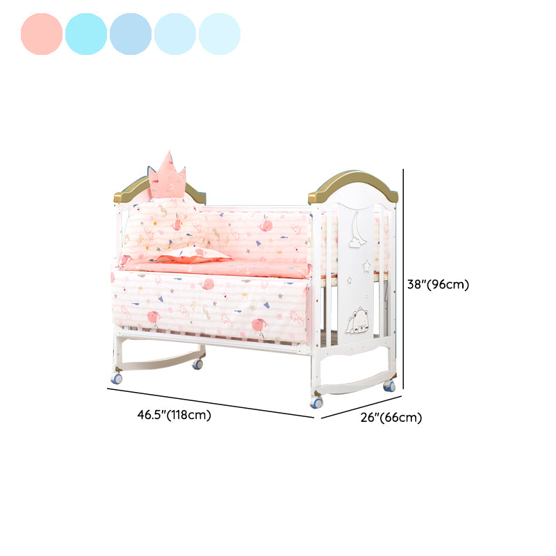 Wooden White Matching Nursery Crib Storage Arched Crib with Wheels