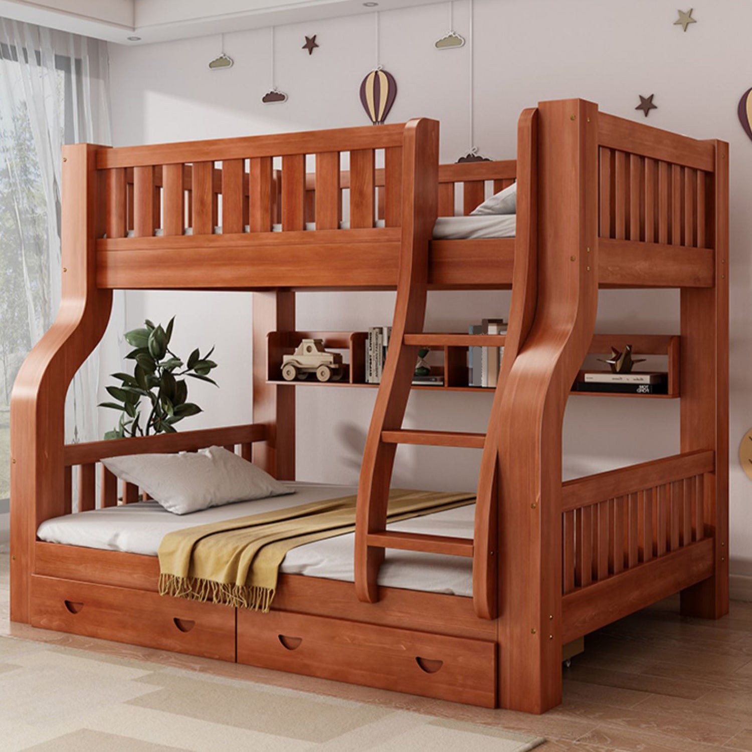 Mid-Century Modern Kids Bed Storage Solid Wood Bunk Bed with Guardrail