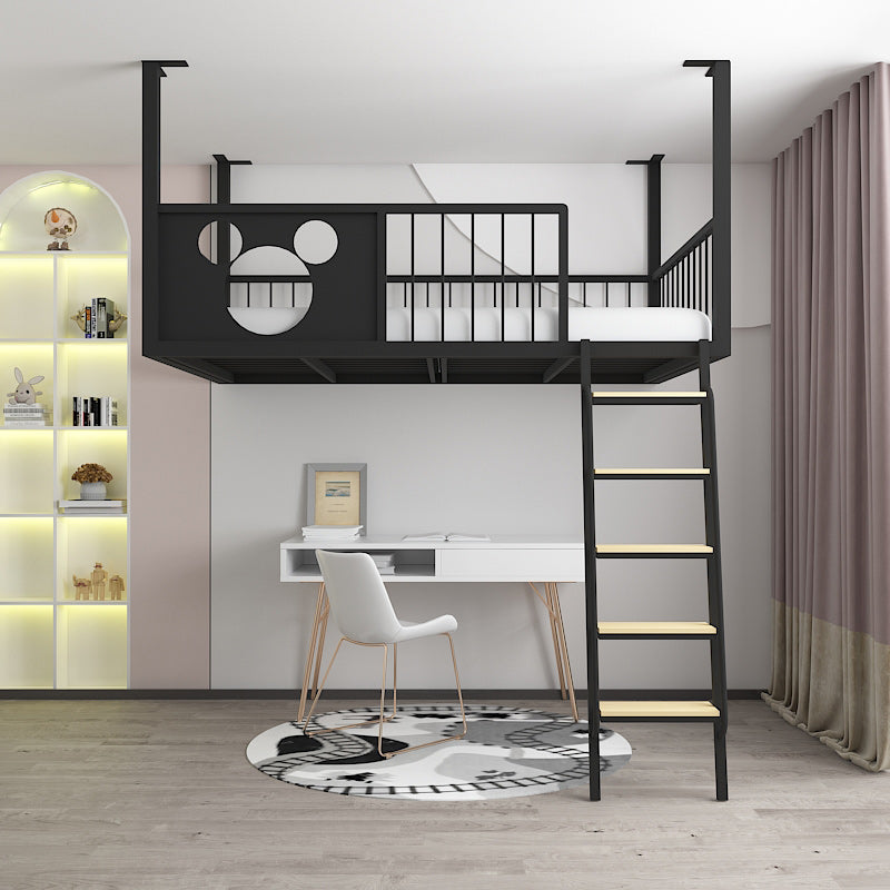 Metal Loft Bed Scandinavian White/Black Kids Bed with Built-In Ladder and Guardrail