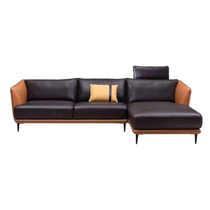 Mid Century Genuine Leather Sectionals Loose Back Sectional & Chaise in Brown