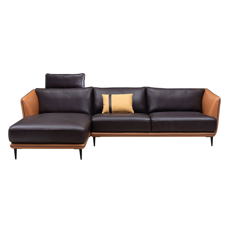 Mid Century Genuine Leather Sectionals Loose Back Sectional & Chaise in Brown