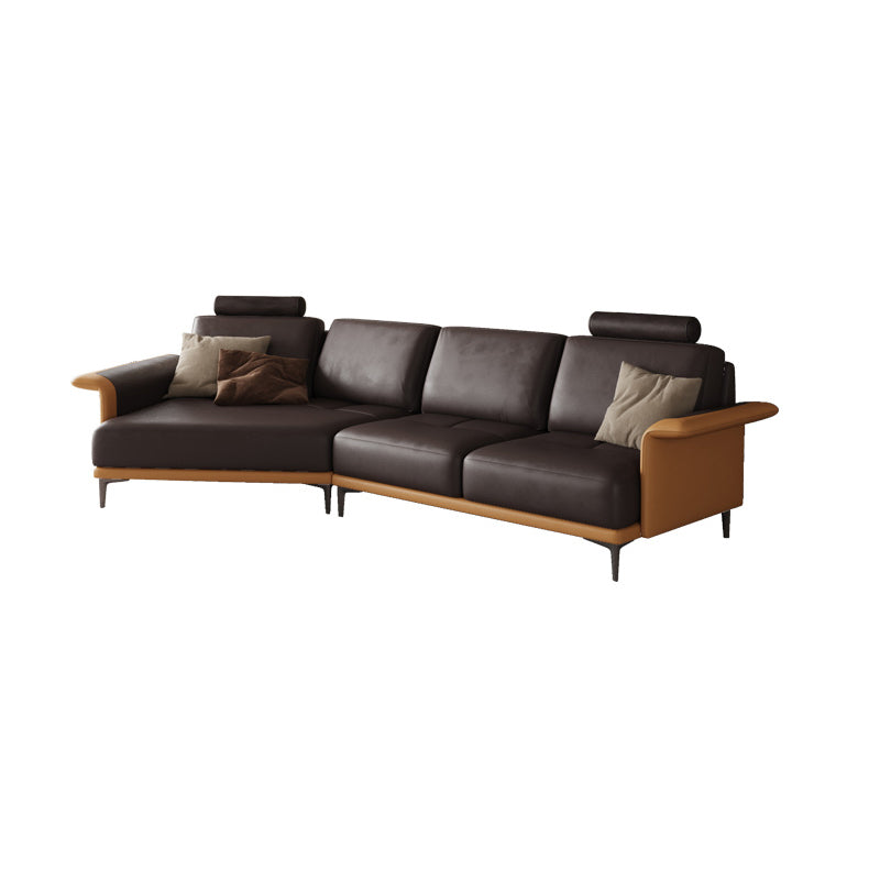Mid Century Genuine Leather Sectionals Loose Back Sectional & Chaise in Brown
