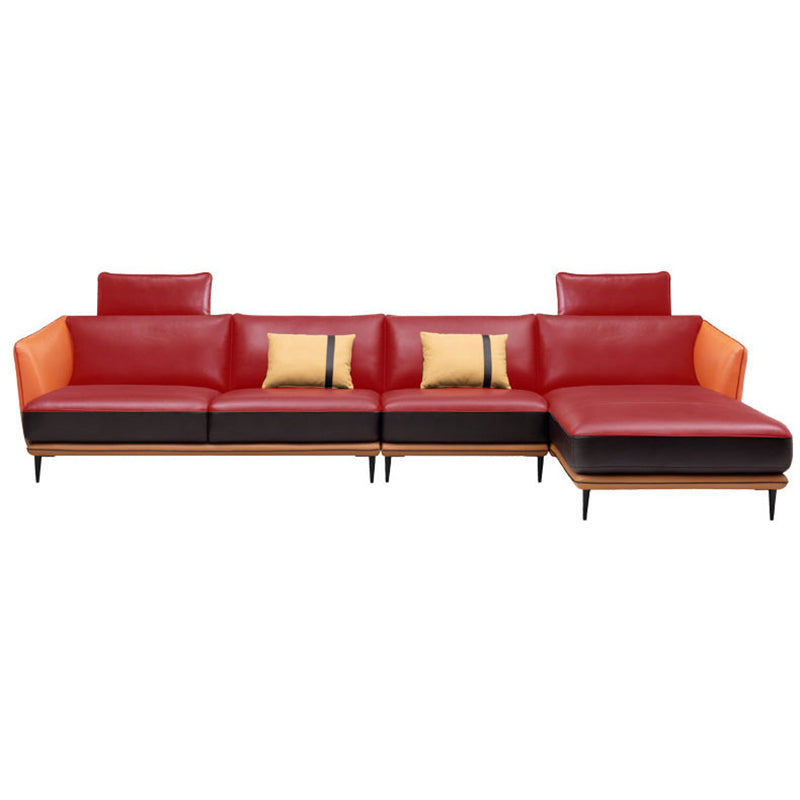 Mid Century Genuine Leather Sectionals Loose Back Sectional & Chaise in Brown