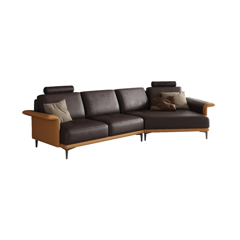 Mid Century Genuine Leather Sectionals Loose Back Sectional & Chaise in Brown