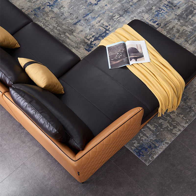 Mid Century Genuine Leather Sectionals Loose Back Sectional & Chaise in Brown