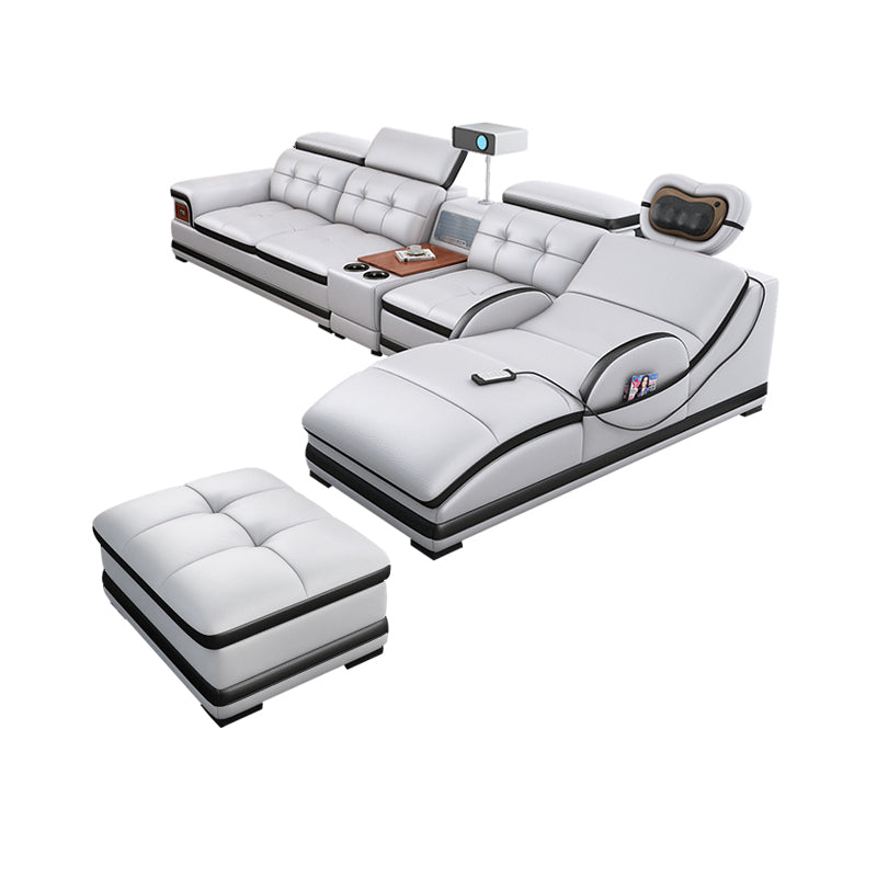 Modern Tufted Power Sectional & Chaise Gray Genuine Leather Sectional Sofa with Storage