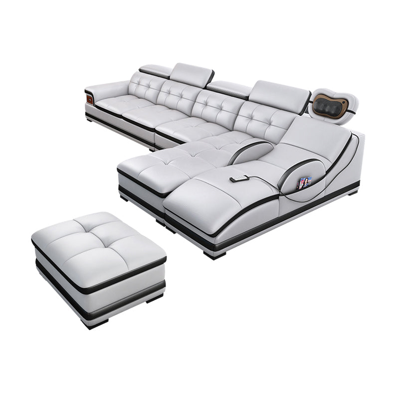 Modern Tufted Power Sectional & Chaise Gray Genuine Leather Sectional Sofa with Storage
