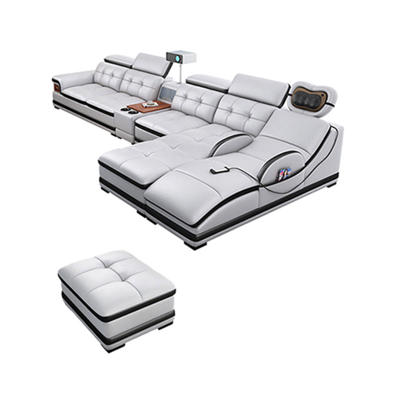 Modern Tufted Power Sectional & Chaise Gray Genuine Leather Sectional Sofa with Storage