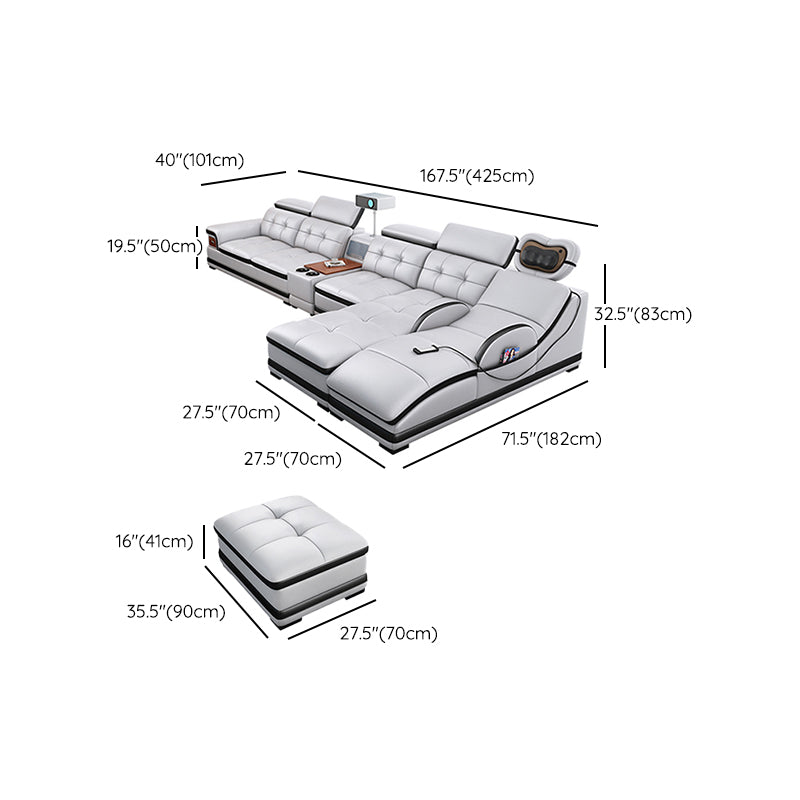 Modern Tufted Power Sectional & Chaise Gray Genuine Leather Sectional Sofa with Storage