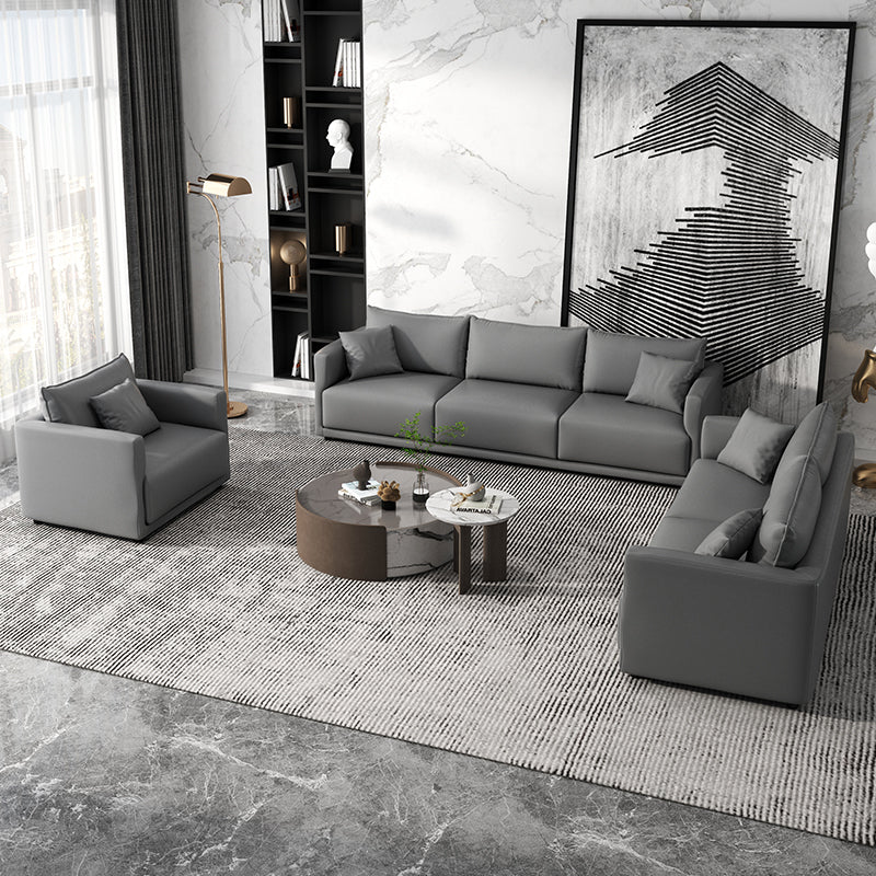 27.16" High Gray Sofa Faux Leather Tuxedo Arm Sofa with Pillows