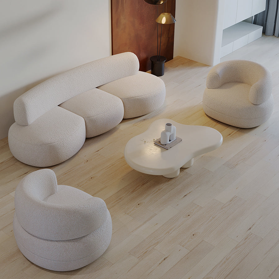 Contemporary Style Wool Sofa in White Curved Upholstered Sofa