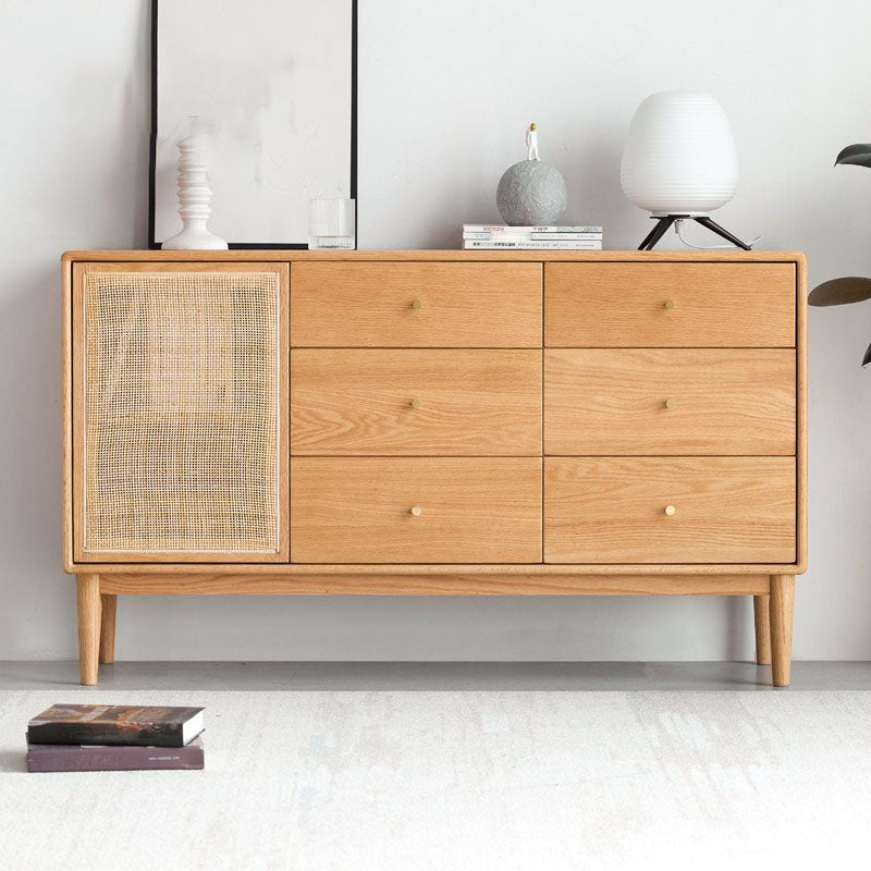 Contemporary Paned Cabinet Brown Pine and Cherry Accent Cabinet with Doors