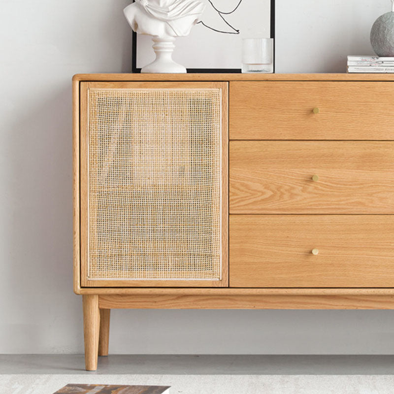 Contemporary Paned Cabinet Brown Pine and Cherry Accent Cabinet with Doors