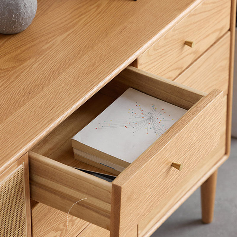 Contemporary Paned Cabinet Brown Pine and Cherry Accent Cabinet with Doors
