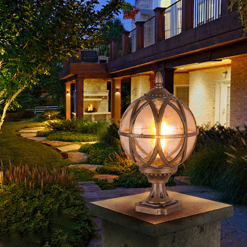 1-Light Waterproof Outdoor Light Spherical Pillar Lamp with Glass Shade for Garden