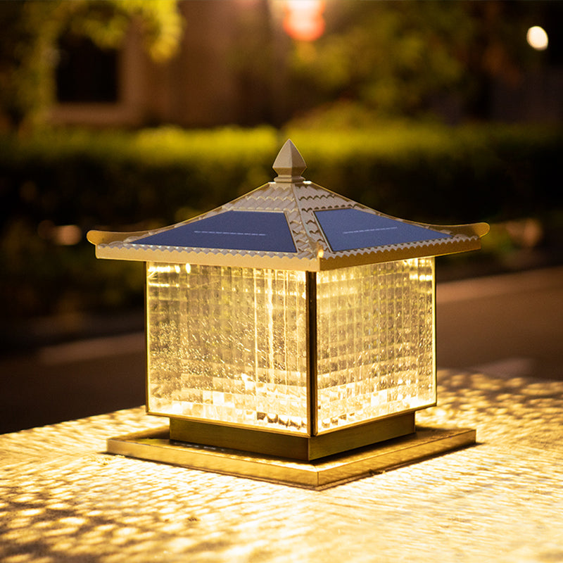 1-Light Pillar Lamp Square Solar Lighting Fixture with Glass Shade for Garden