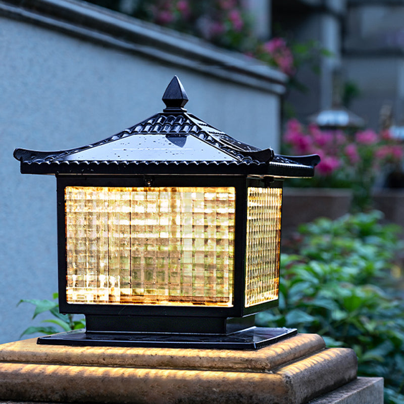 1-Light Pillar Lamp Square Solar Lighting Fixture with Glass Shade for Garden