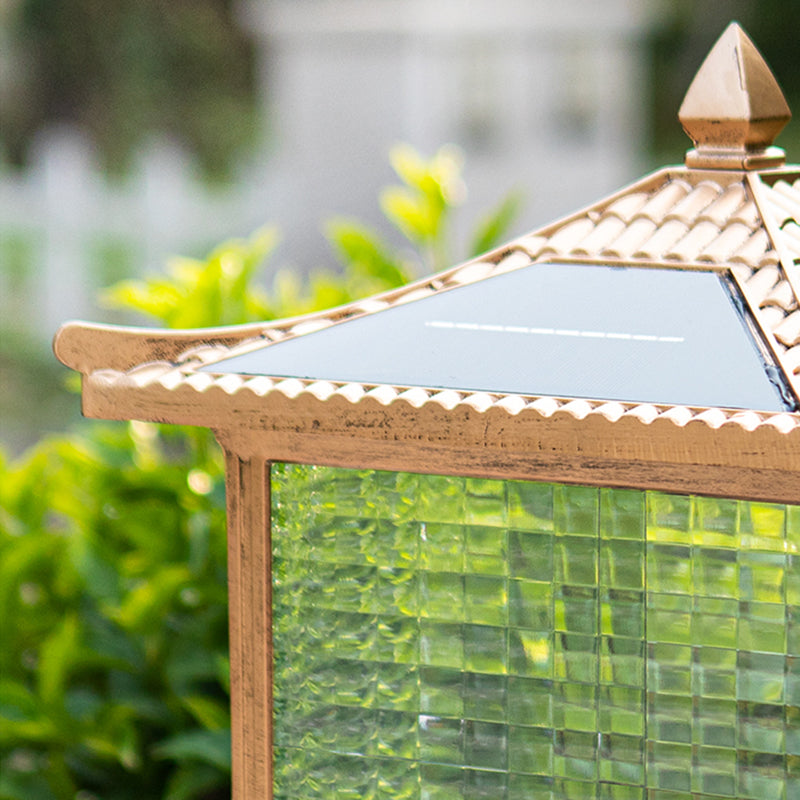 1-Light Pillar Lamp Square Solar Lighting Fixture with Glass Shade for Garden