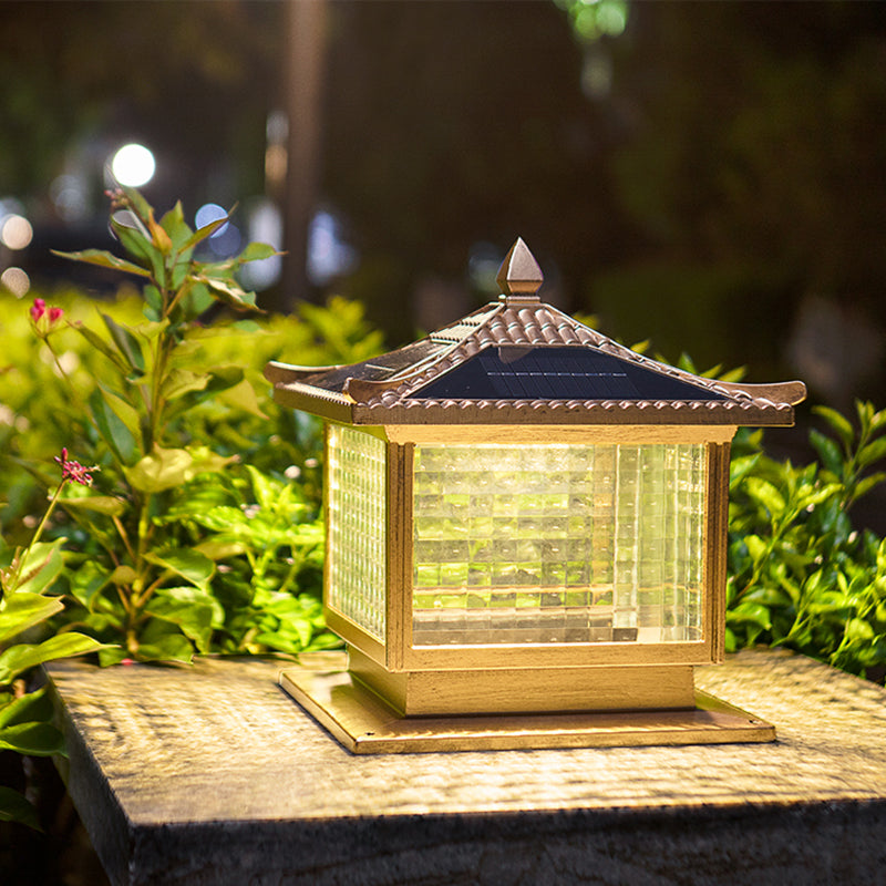 1-Light Pillar Lamp Square Solar Lighting Fixture with Glass Shade for Garden