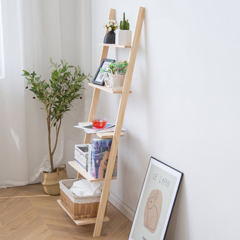 Contemporary Ladder Bookcase Solid Wood Open Back Bookshelf with Shelves