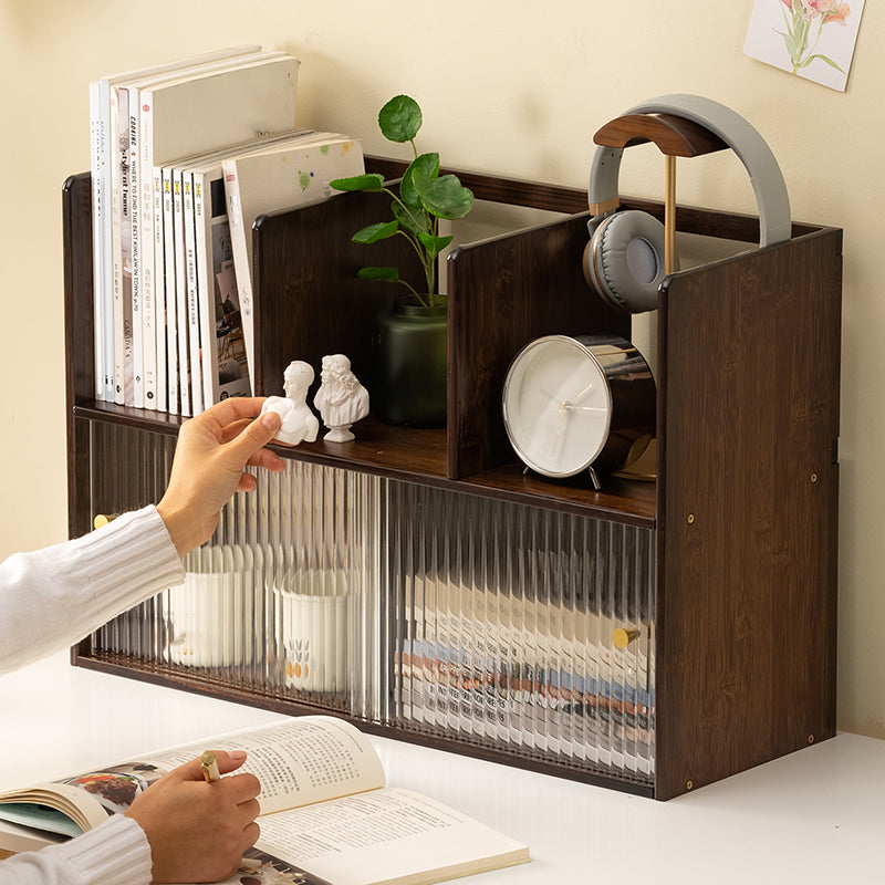 Contemporary Closed Back Bookcase Bamboo Horizontal Bookshelf with Doors