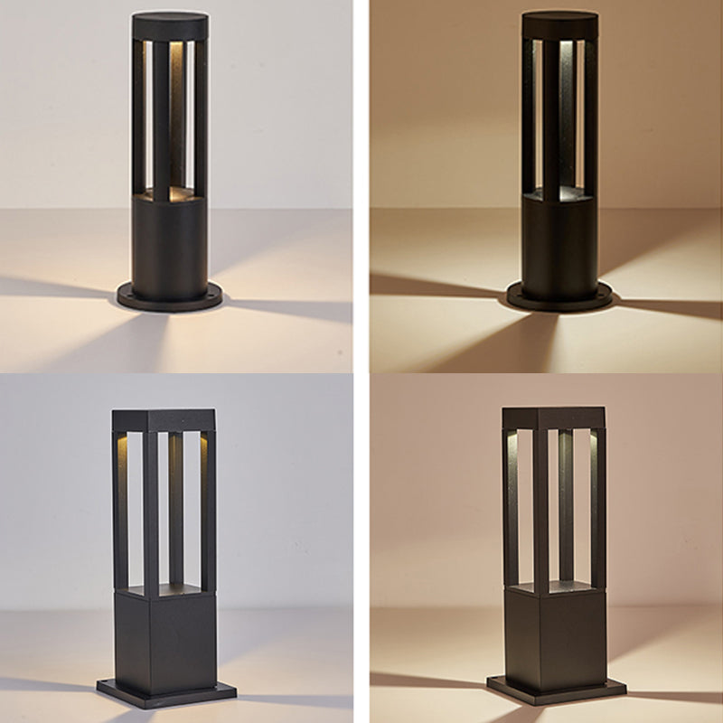 Contemporary Metal Pillar Lamp Geometric Shape Outdoor Waterproof Light in Black Finish