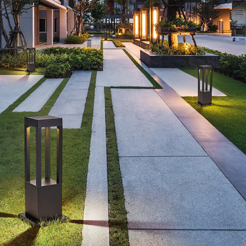 Contemporary Metal Pillar Lamp Geometric Shape Outdoor Waterproof Light in Black Finish