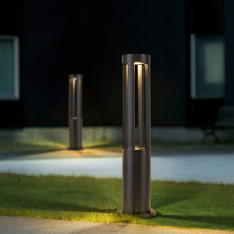 Contemporary Metal Pillar Lamp Geometric Shape Outdoor Waterproof Light in Black Finish