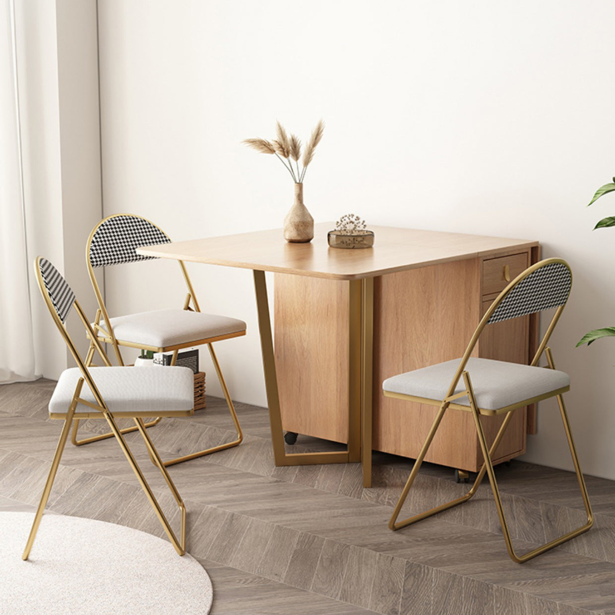 Natural Rectangle Wood Dining Table Folding Table with Storage Base