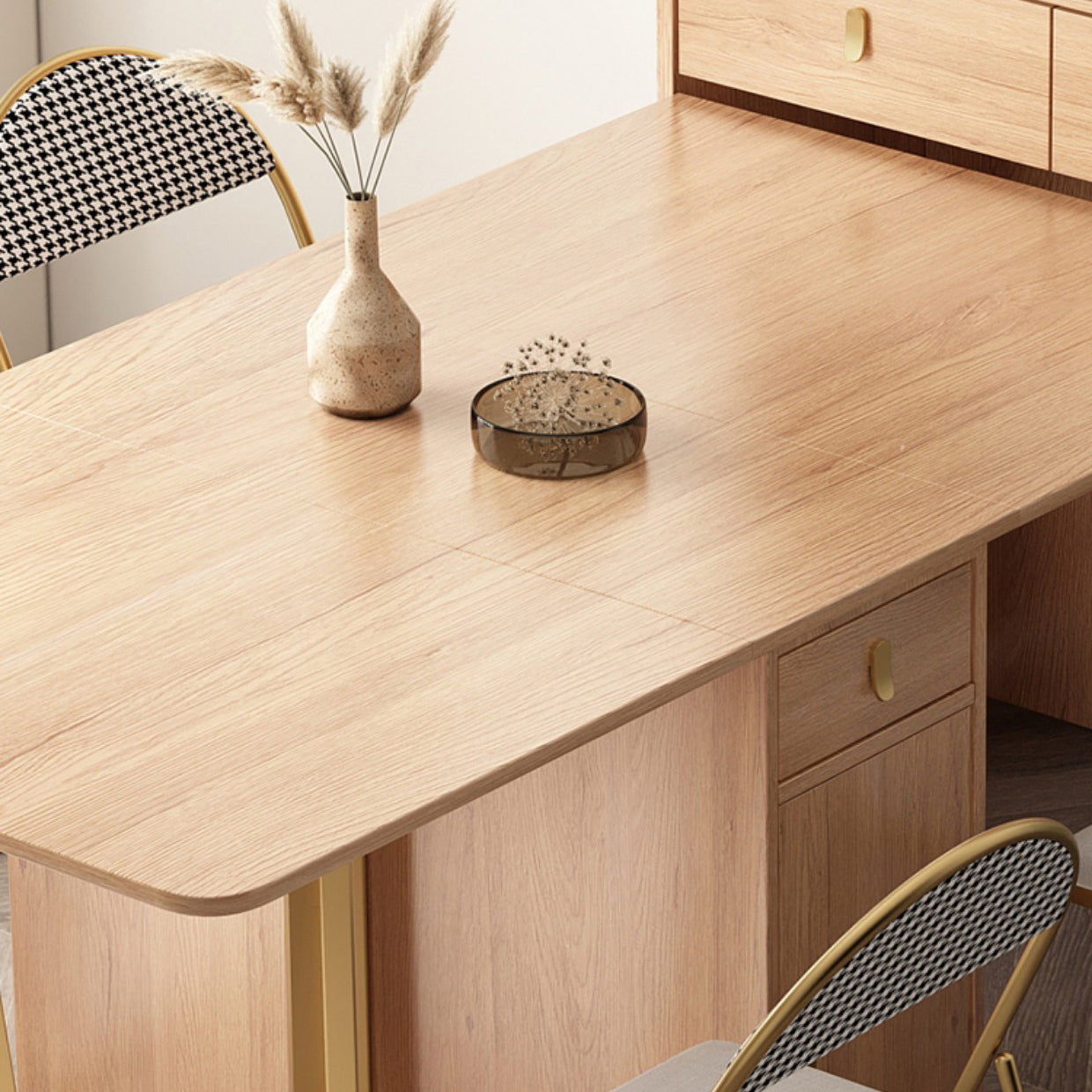 Natural Rectangle Wood Dining Table Folding Table with Storage Base