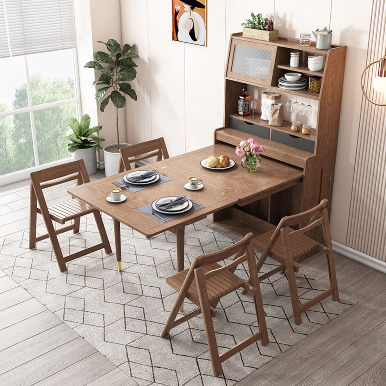 Solid Wood Frame Dining Table Rectangle Folding Dining Table with Storage
