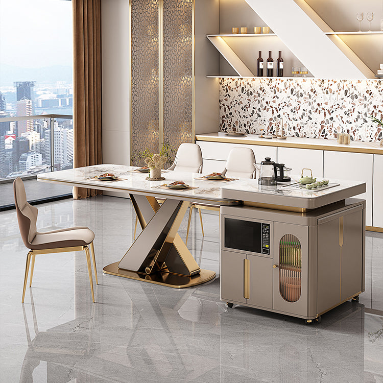 Traditional Luxury Dining Table Stone Rectangle Fixed Table with Pedestal Base