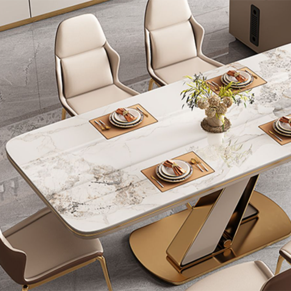 Traditional Luxury Dining Table Stone Rectangle Fixed Table with Pedestal Base