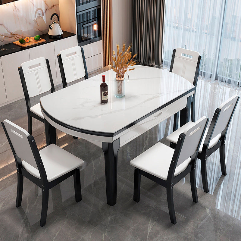 Round Drop-Leaf Dining Table Stone Dining Table with Solid Wood Legs