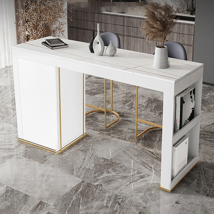Stone Top Bar Stool Table Glam Style Rectangle Pub Table with Storage