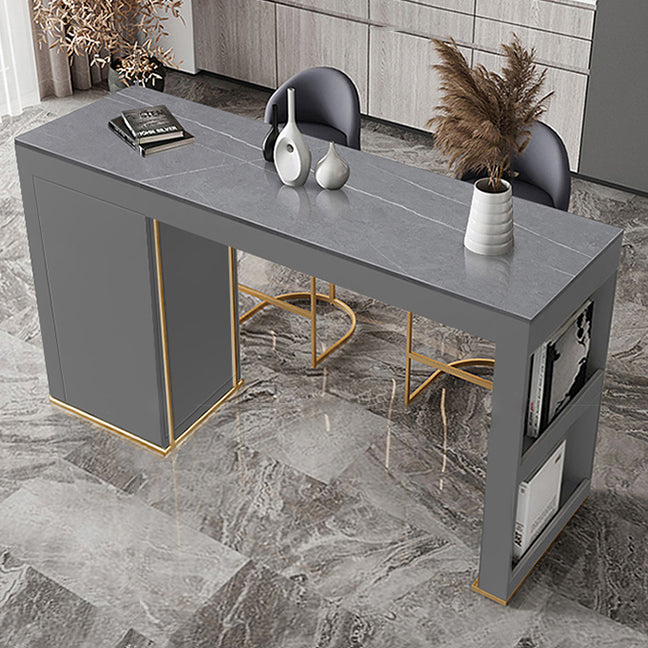 Stone Top Bar Stool Table Glam Style Rectangle Pub Table with Storage