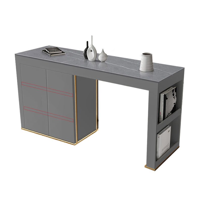 Stone Top Bar Stool Table Glam Style Rectangle Pub Table with Storage