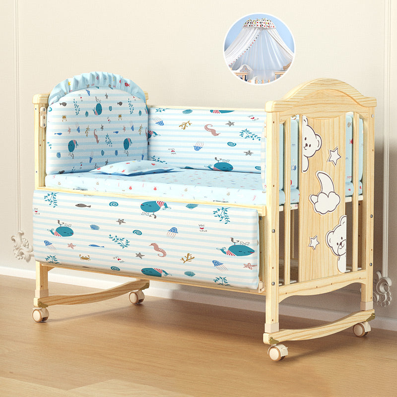 Color Matching Farmhouse Nursery Crib Wooden Storage Crib with Casters