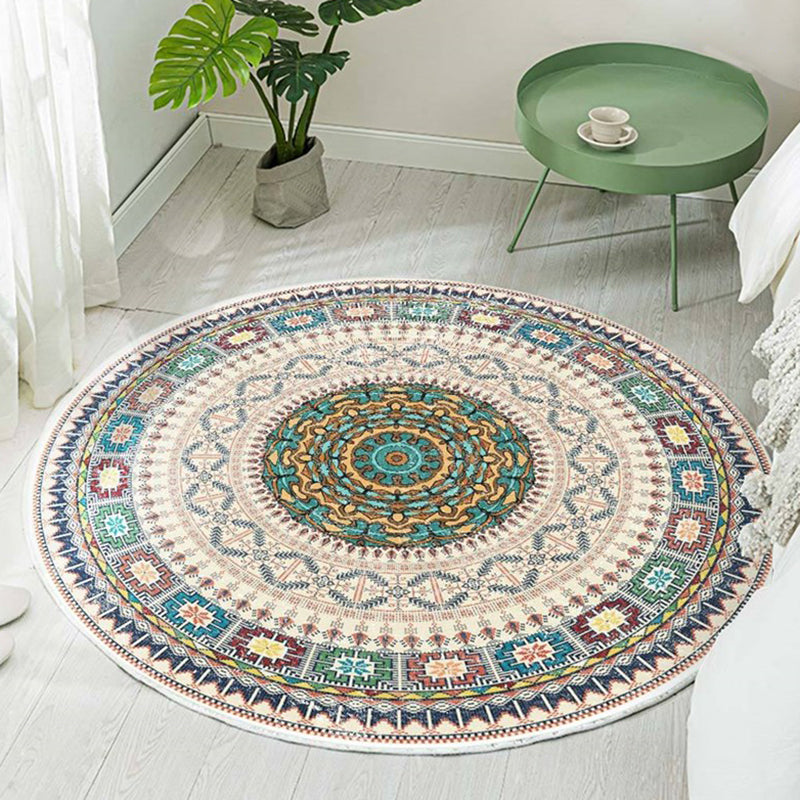 Round Adults Area Carpet Boho Style Tribal Printed Indoor Rug Polyster Non-Slip Backing