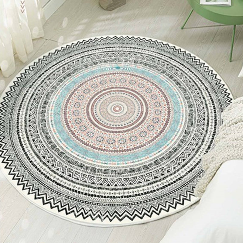 Round Adults Area Carpet Boho Style Tribal Printed Indoor Rug Polyster Non-Slip Backing