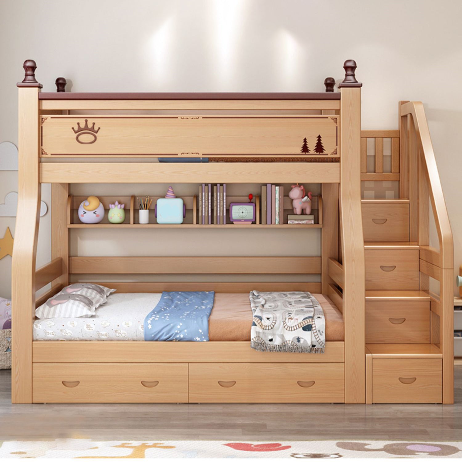 Solid Wood Natural Bunk Bed Scandinavian Kids Bed with Mattress