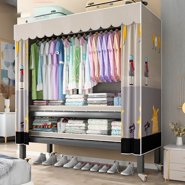 Foldable Freestanding Wardrobe Metal Frame Wardrobe with Casters