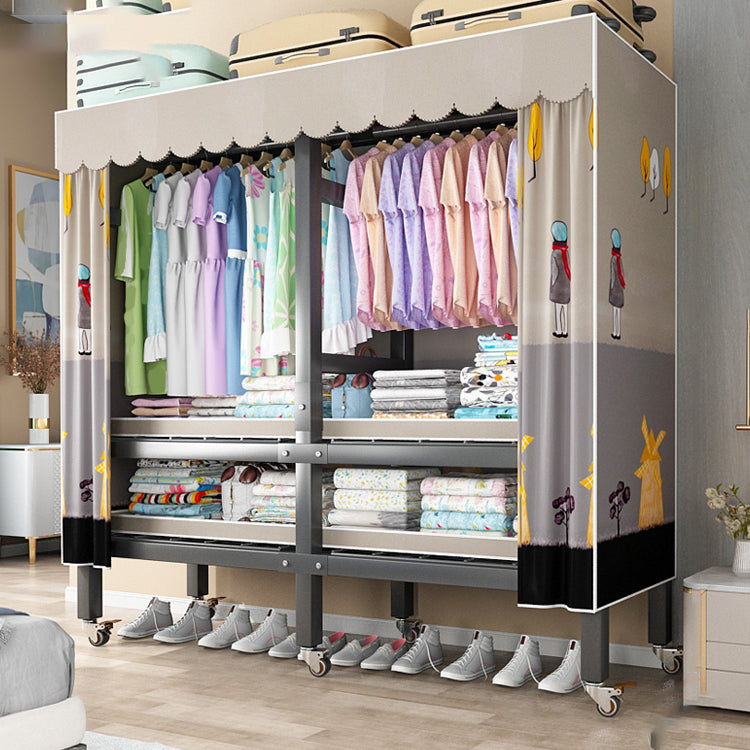 Foldable Freestanding Wardrobe Metal Frame Wardrobe with Casters