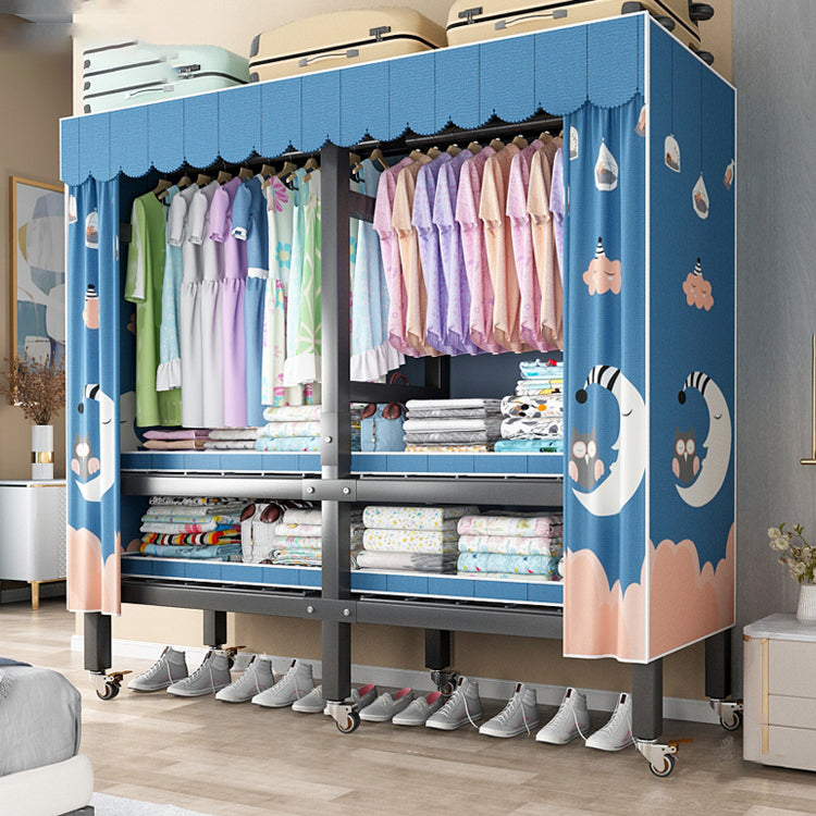 Foldable Freestanding Wardrobe Metal Frame Wardrobe with Casters
