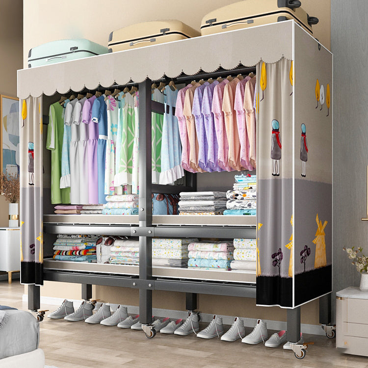 Foldable Freestanding Wardrobe Metal Frame Wardrobe with Casters